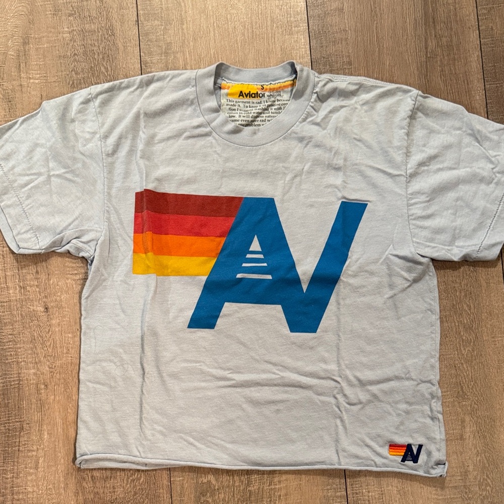 Aviator Nation Light Gray Tee with Blue and Multicolor Logo